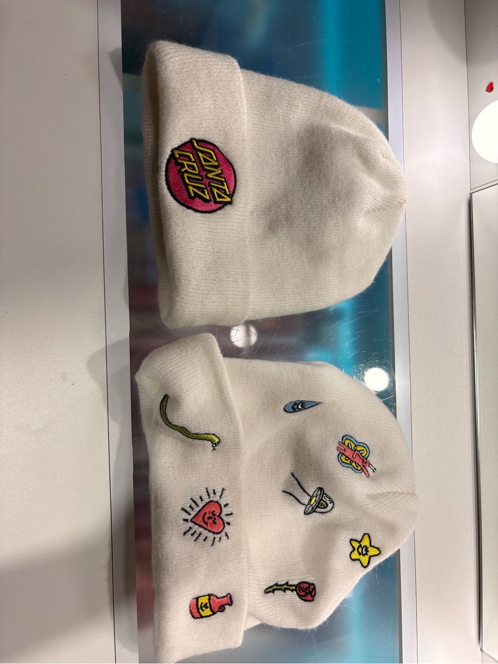 Santa Cruz Skateboards White Kids Beanie Duo with Multicolor Embroidered Patches